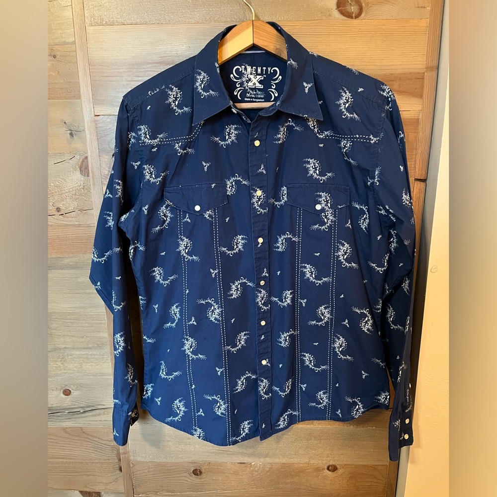 Twenty-X Navy Western Shirt Pearl-Snap with White Paisley Print